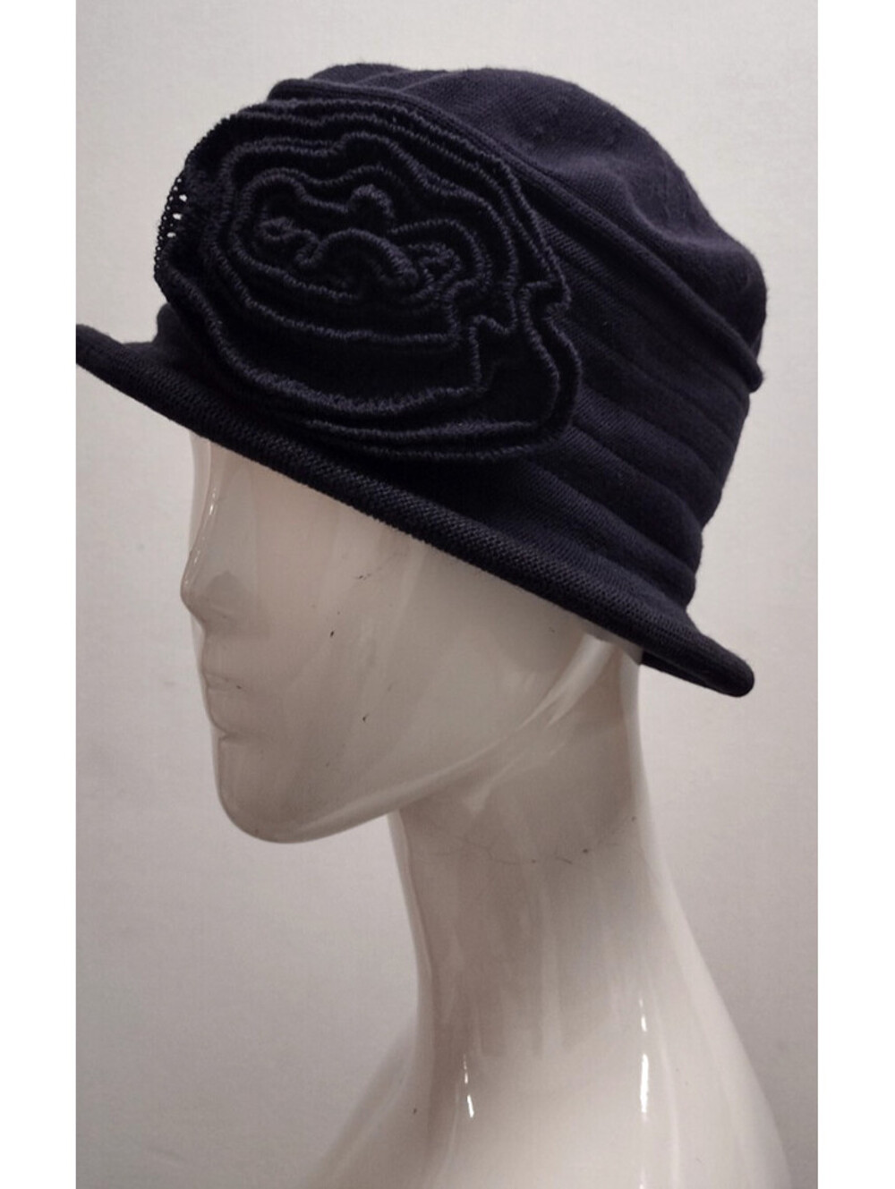 Handmade Dark Navy Big Rose Knit Mini Top Hat Dianne Keaton Style Vintage 1980s